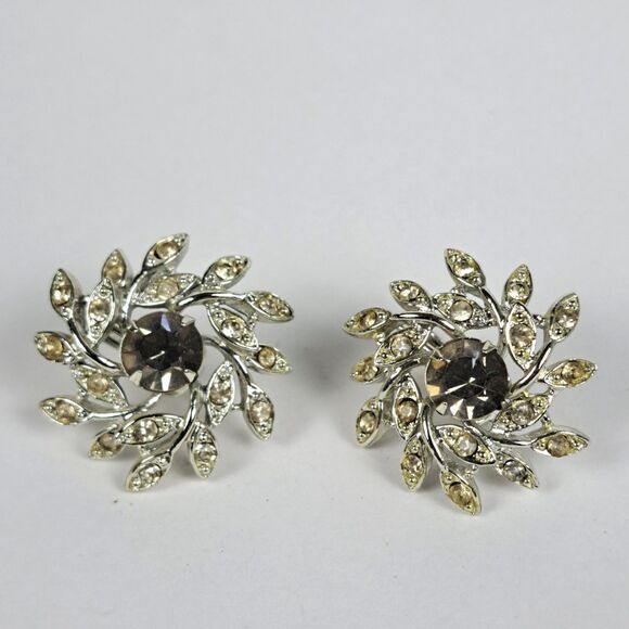 Sarah Coventry Jewelry - Vintage Sarah Coventry Clip On Earrings Silver Tone Smoky Rhinestone